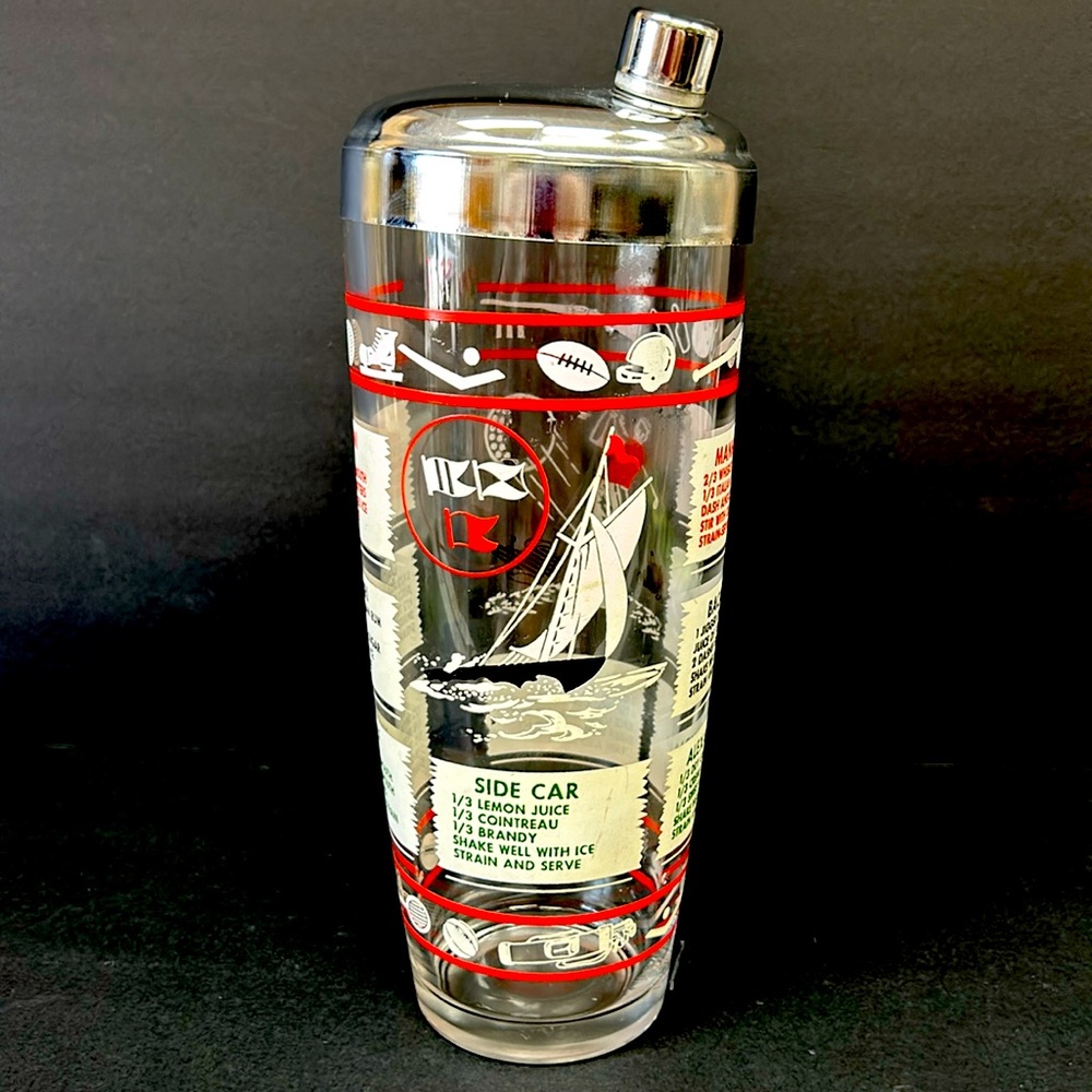 Mid Century Hazel Atlas 8.5” large glass sports themed cocktail’s shaker